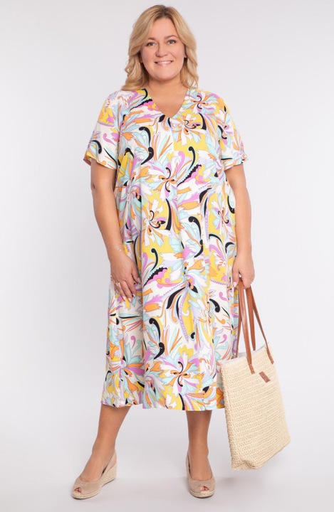 Рокля с жълт и розов принт 48