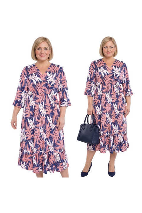 Rochie MDR24, bleumarin cu frunze portocalii și albe, mari, 50-52 EU, 3/4 mâneci, multicolor