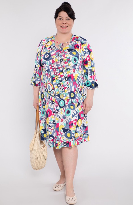 Разкроена миди рокля MDR24, многоцветен геометричен модел, V-образно деколте, 3/4 ръкави, 46-48 EU