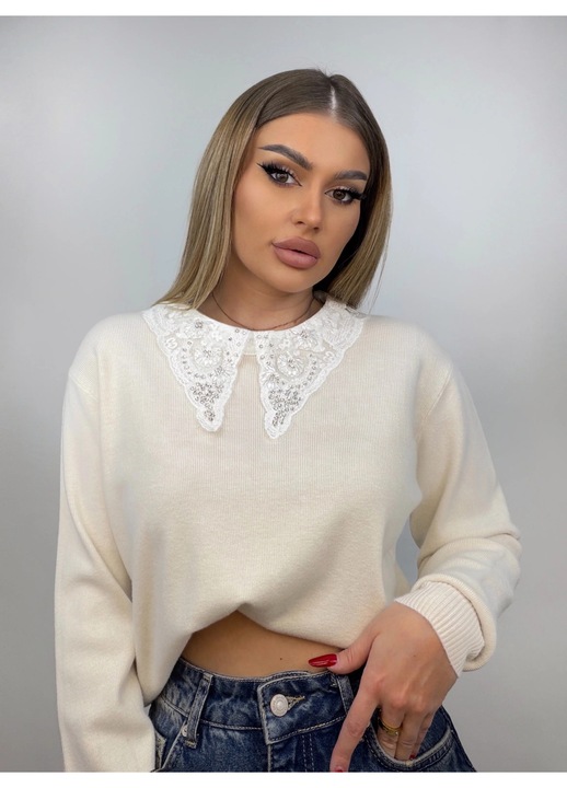 Bluza dama Marolla, bej, guler voluminos, strasuri, one size