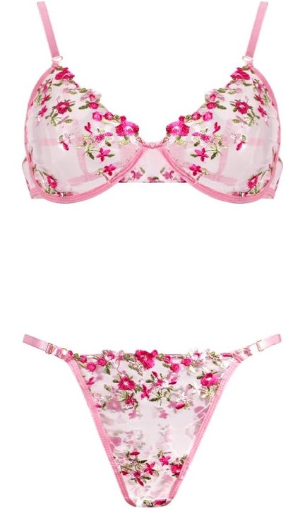 Set Lenjerie Intima Dama, SHEKINI, Dantela Transparenta cu Broderie Florala, Roz, Marimea S