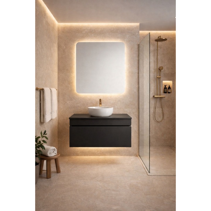 Set mobilier baie, aluminiu, lavoar pe blat 42cm, dulap suspendat 60x52x45cm, oglinda LED 60x75cm cu dezaburire si 3 culori, negru mat