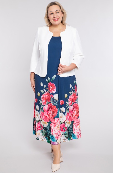 Rochie elegantă bleumarin cu imprimeu floral roz, Multicolor