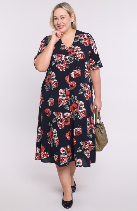 Тъмносиня рокля с V-образно деколте на цветя