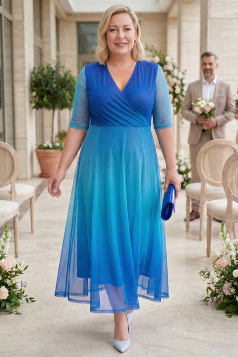 Синя рокля с мрежест принт и деграде