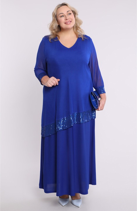 Синя асиметрична рокля от мрежа с пайети