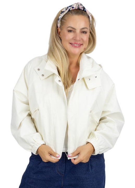 Jacheta bomber scurta dama culoare alb, croiala regular, cu kaptur, fermoar frontal si buzunare – Agrafka unisize