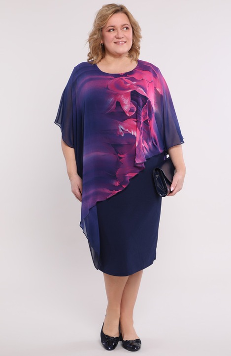 Тъмносиня рокля с розов десен и асиметрично пончо, Морско синьо