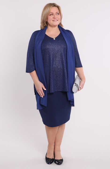 Bluza dama MDR24 bleumarin cu brosa, maneci 3/4, decolteu in V, marimi mari 56-58 EU