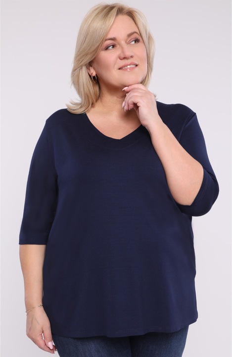 Bluza femei, MDR24, bleumarin, decolteu in V, marimi mari, maneci 3/4, 56-58 EU