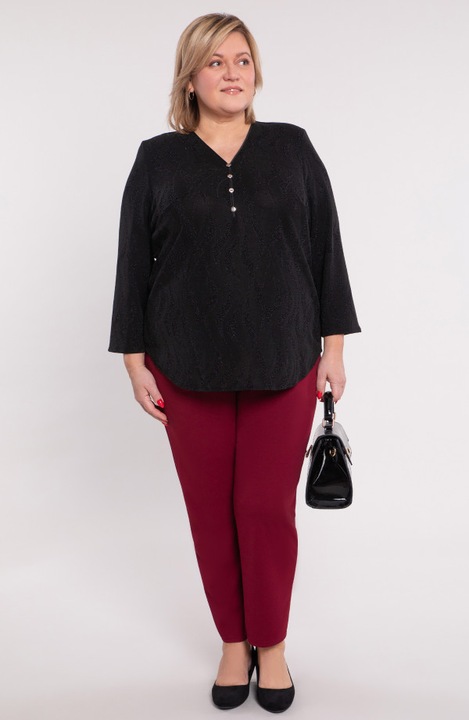 Bluza MDR24 neagră cu nasturi, decolteu în V, mânecă 3/4, mărimea 48 EU