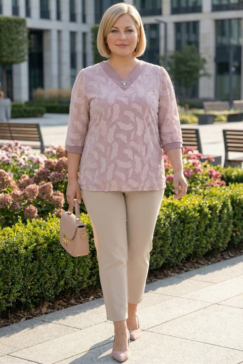 Bluza MDR24 roz, 48-50 EU, maneca 3/4, decolteu in V, brosa detasabila