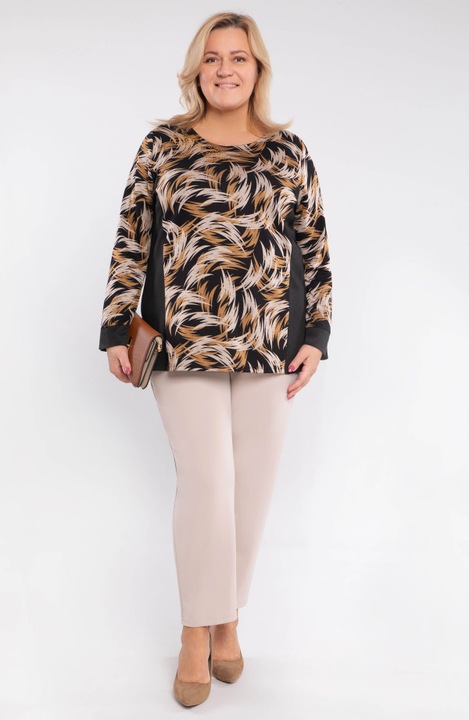 Bluza femei MDR24 bej cu decolteu auriu, maneci lungi, marimi mari 60-62 EU