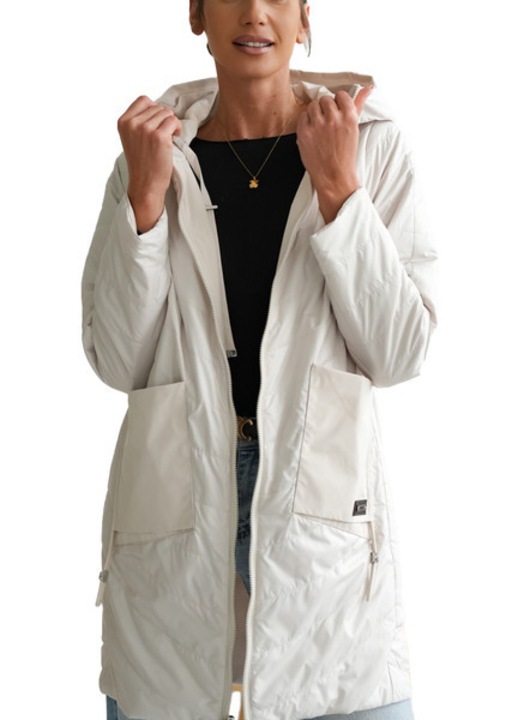 Palton dama reversibil Plus Size 2 in 1 cu gluga, matlasat, Crem