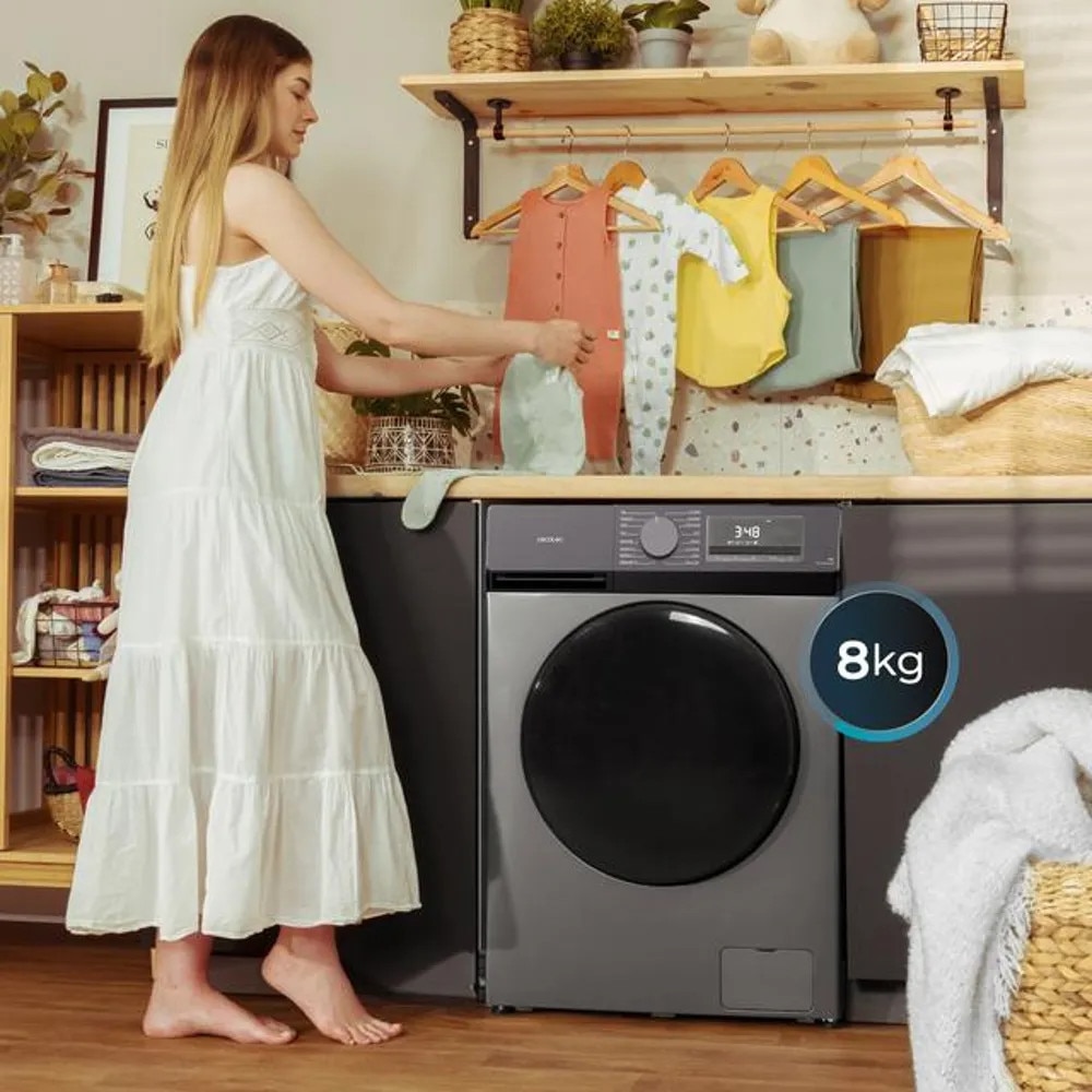 Masina de spalat rufe Cecotec, Bolero DressCode 8450 Inverter Steel, capacitate de spalare 8 kg, viteza max. centrifugare 1400 rpm, 16 programe prestabilite, clasa A, tehnologie motor Inverter Plus, SteamMax, functie Drum Clean, Allergy Care, inox