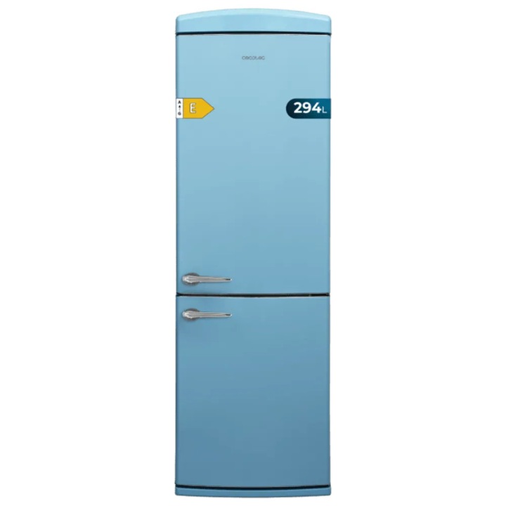 Combina frigorifica Retro Cecotec, CoolMarket Combi Origin, H190, capacitate 295 litri, tehnologie Total No Frost, sistem Multi Cooling, functie Ultra Fresh, compartiment convertibil, tehnologie Multi Air Flow, functie Fast Freezing, ECO Mode, bleu