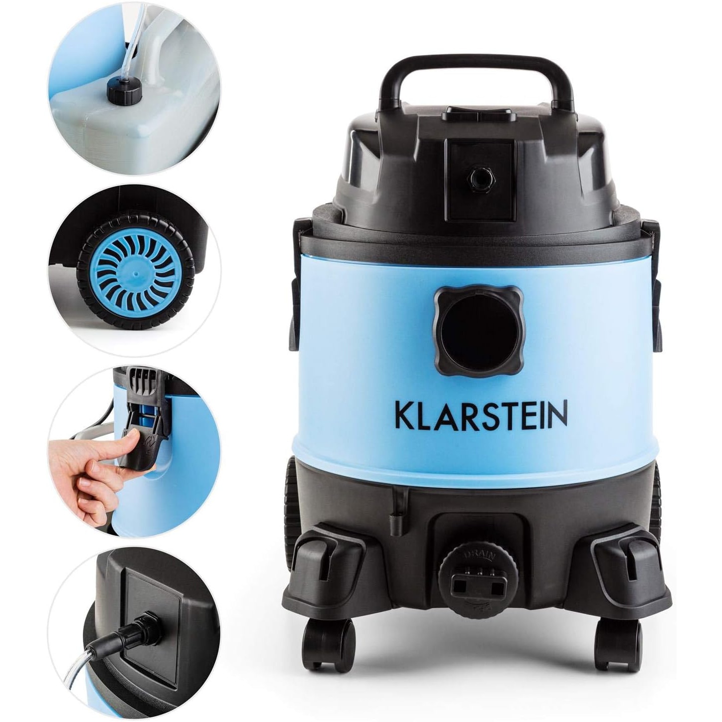 Klarstein Cleanroom 2G Aspirator Umed/Uscat cu Spalare Covoare, 1250 W, Rezervor 20 L, Functie Shampoo, Accesorii Multiple, Negru/Albastru