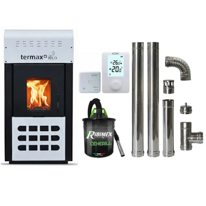 Pachet economic, Termosemineu pe peleti Termax Kamin ECO, 25 kW, 160 mp, buncar peleti 45 kg, diametru cos fum ⌀80 mm, vas expansiune si pompa recirculare incluse, Alb + Termostat KOPH 303RF + Aspirator cenusa 1000W + Cos fum inox de interior ⌀80 mm
