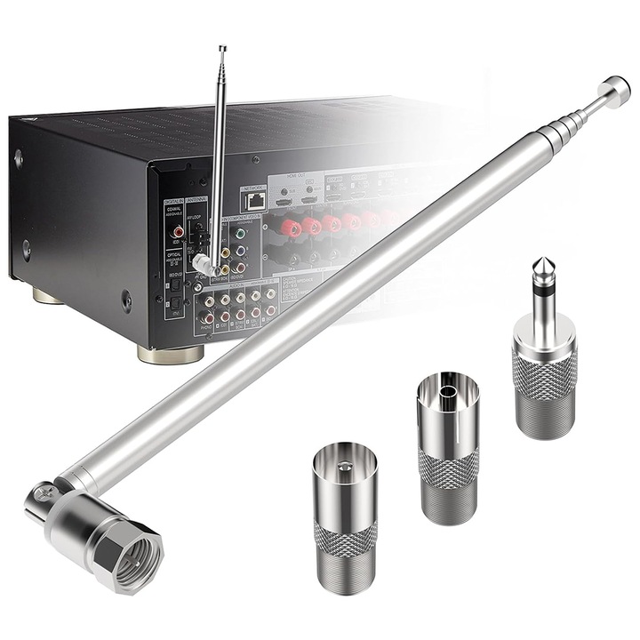 FM rádió antenna készlet 3 adapterrel, Minetgnon®, Többszörös kompatibilitás beltéri/kültéri használatra, Ezüst