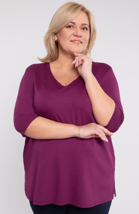 Bluza dama MDR24 purpurie, decolteu in V, maneci 3/4, marime 52-54 EU