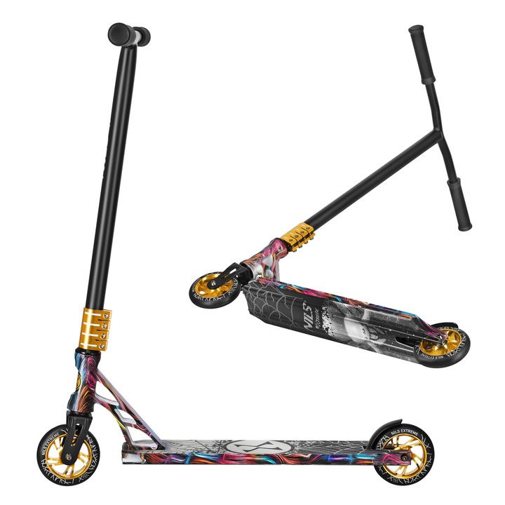 Trotinetă stunt Nils Extreme HS221 Spider, design negru mat cu accente aurii, rulmenți ABEC-9, lungime 67cm, înălțime ghidon 80cm, pentru freestyle și trick-uri