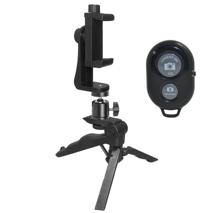 Trepied compact pentru telefon cu suport smartphone, cap de bila flexibil si telecomanda Bluetooth, montura 1/4 inch, ABS negru pentru vlogging si streaming