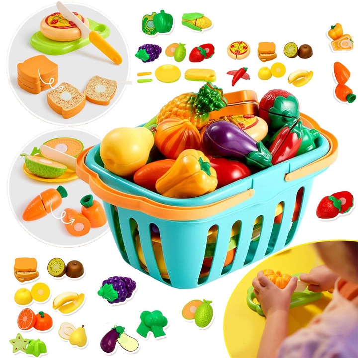 Set De Jucarii Pentru Taiat Alimente 71 De Piese, Pentru Bucataria Copiilor, Fructe Si Legume Din Plastic Cu Cos De Depozitare, Mini-Farfurii Si Cutit, Jucarii Educative, Cadou Pentru Copii Mici