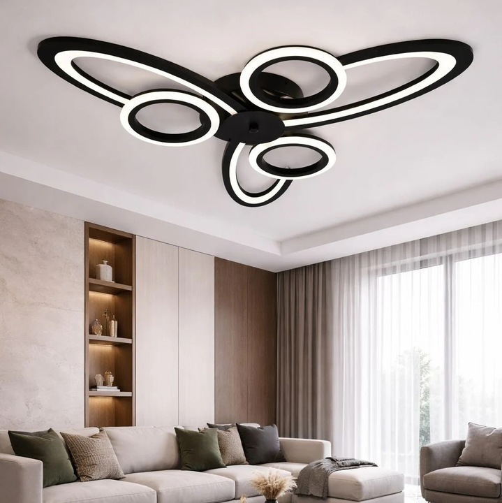 Lustra LED RFAN R9185/3+3, 6 LED-uri, telecomanda, negru, 71x71x5cm