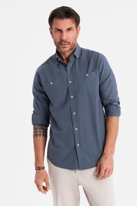 OMBRE, Camasa de in si bumbac cu guler fixat cu nasturi, Albastru inchis