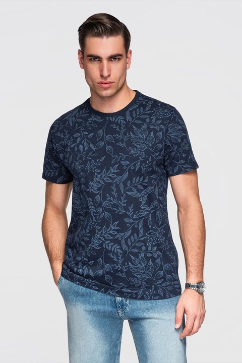 OMBRE, Tricou cu model si decolteu rotund, Albastru lavanda/Bleumarin