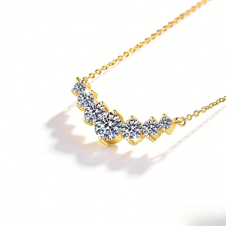 Colier KAHOOT, 40+5 cm, 7 Moissanite Rotunde, Argint, Placat cu Aur Galben 18k, Alb