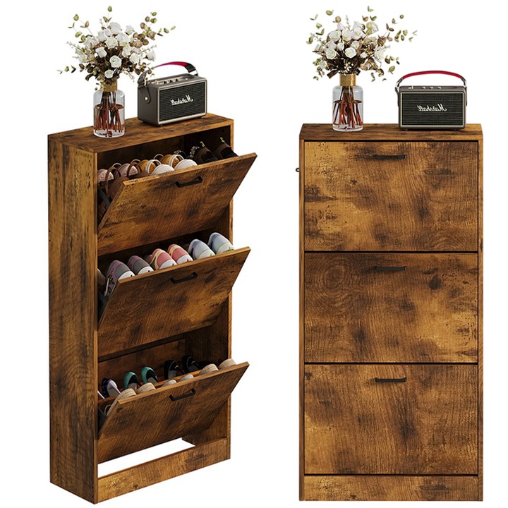 Dulap pentru pantofi Muvu, 3 rafturi, maro rustic, 60x24x120cm