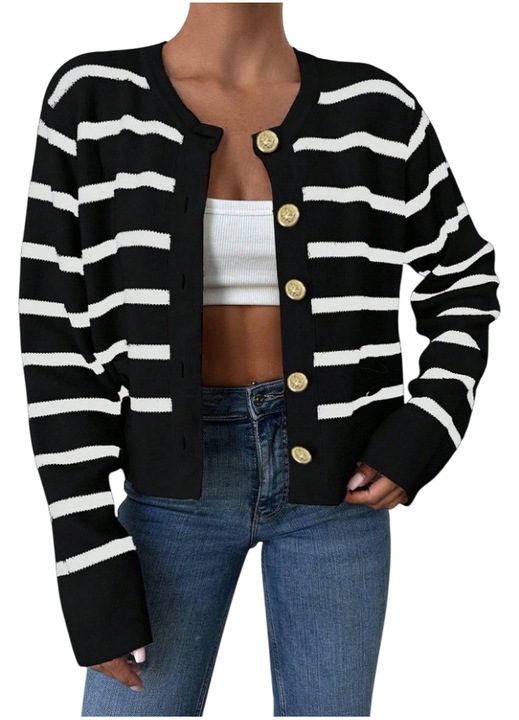 Pulover casual pentru dama cu nasturi aurii, marime universala, culoarea negru cu dungi albe