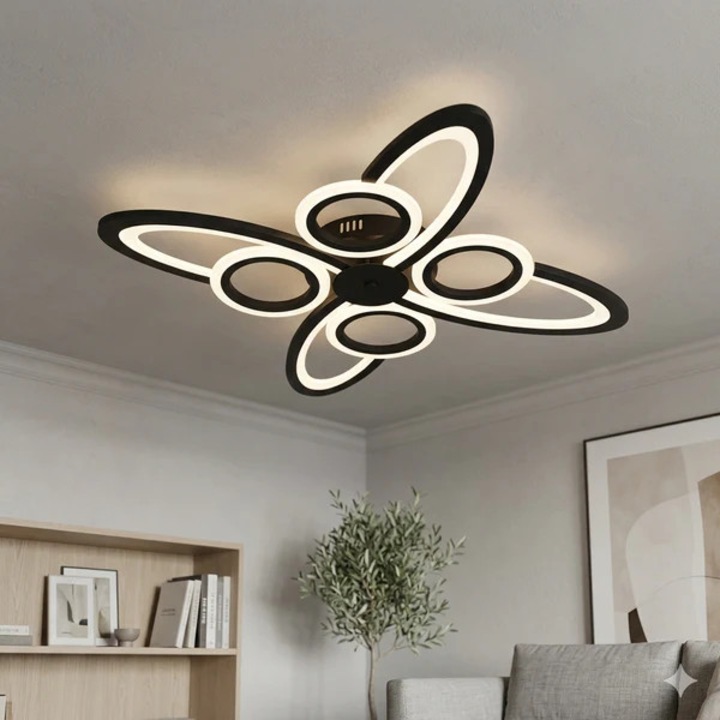 Lustra LED RFAN R9185/4+4, 8 surse iluminare, telecomanda, negru, 70x70x5cm