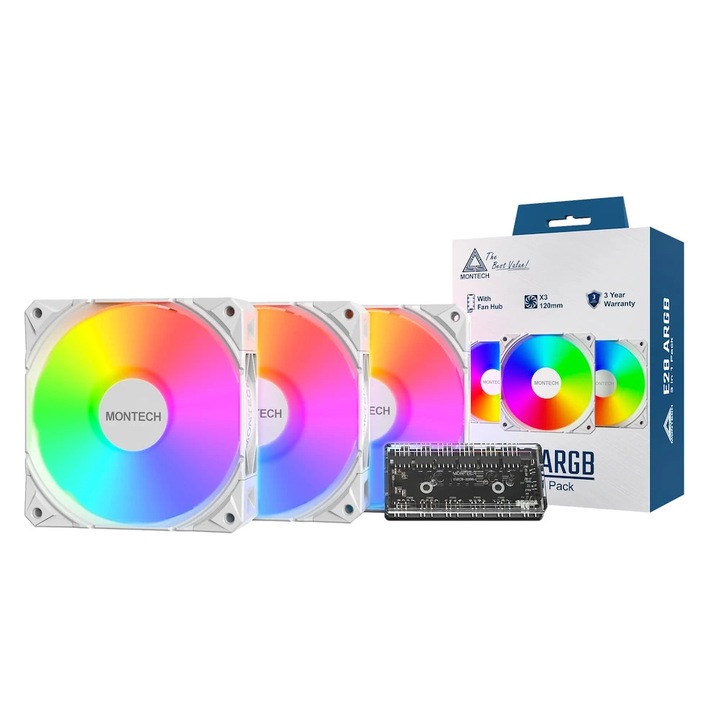 Kit 3 ventilatoare PC 120x120x28mm, Montech E28, PWM, ARGB, Alb
