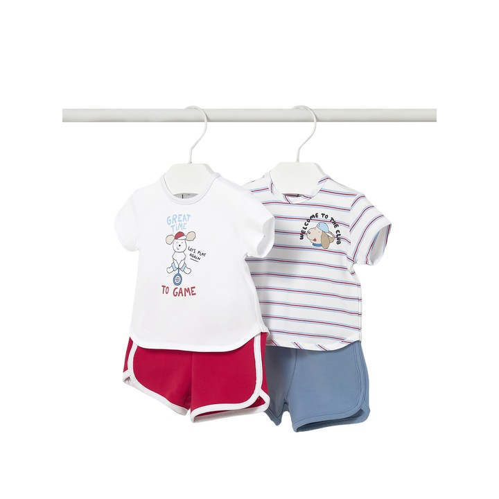 Set compleu copii, Mayoral, 2 tricouri+pantaloni scurti, alb, colorat, bumbac