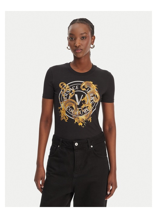 Tricou dama Versace Jeans Couture, slim fit, negru, bumbac/elastan
