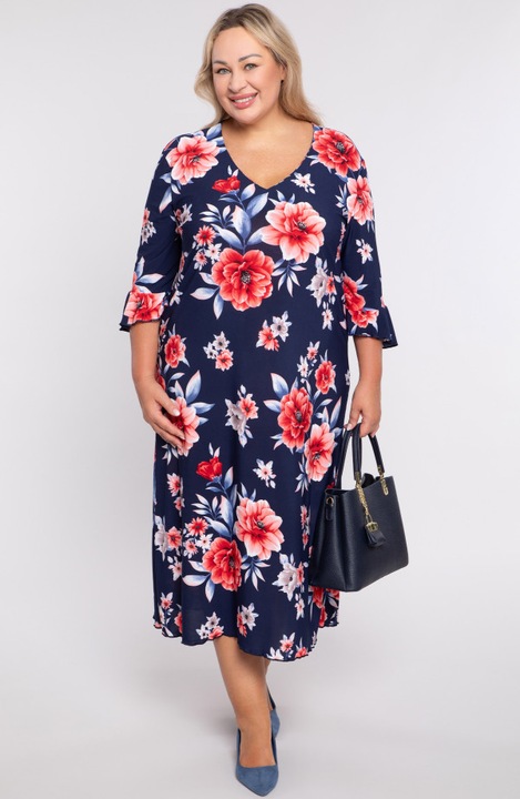 Rochie elegantă bleumarin cu flori, Multicolor