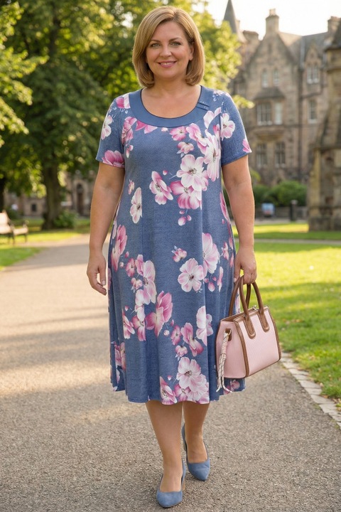 Rochie din denim cu flori roz