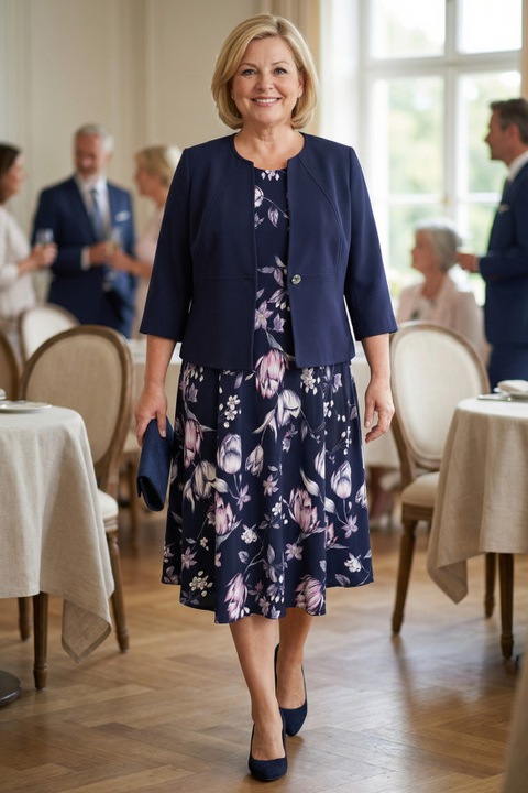 Rochie bleumarin cu lalele roz si albe