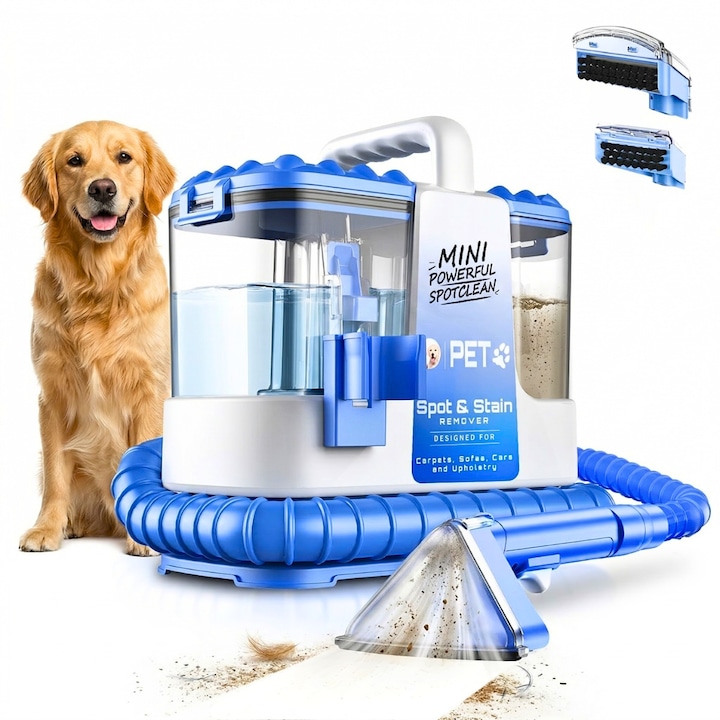 Aspirator profesional cu spalare Zenivo H3B Carpet Cleaner COMPACT, 500W, Putere aspirare 20kPa, 1 Perie din silicon pentru textile fine, lana, 4 Perii pentru Canapele, Covoare, Saltele, Tapiterie, Interior auto, Textile, Alb albastru