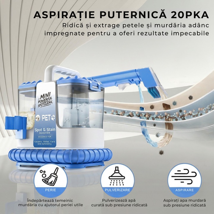 Професионален екстрактор Zenivo H3B Carpet Cleaner COMPACT, 500W, Мощност на засмукване 20kPa, 1 Силиконова четка за фини тъкани, вълна, 4 Четки за дивани, килими, матраци, тапицерия, интериор на автомобили, текстил, бяло синьо