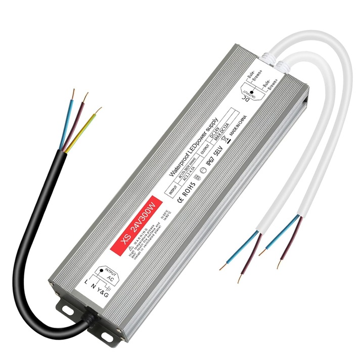 Transformator LED 24V, impermeabil IP67, 12A, 300W, 24, 2x3x6, 8cm