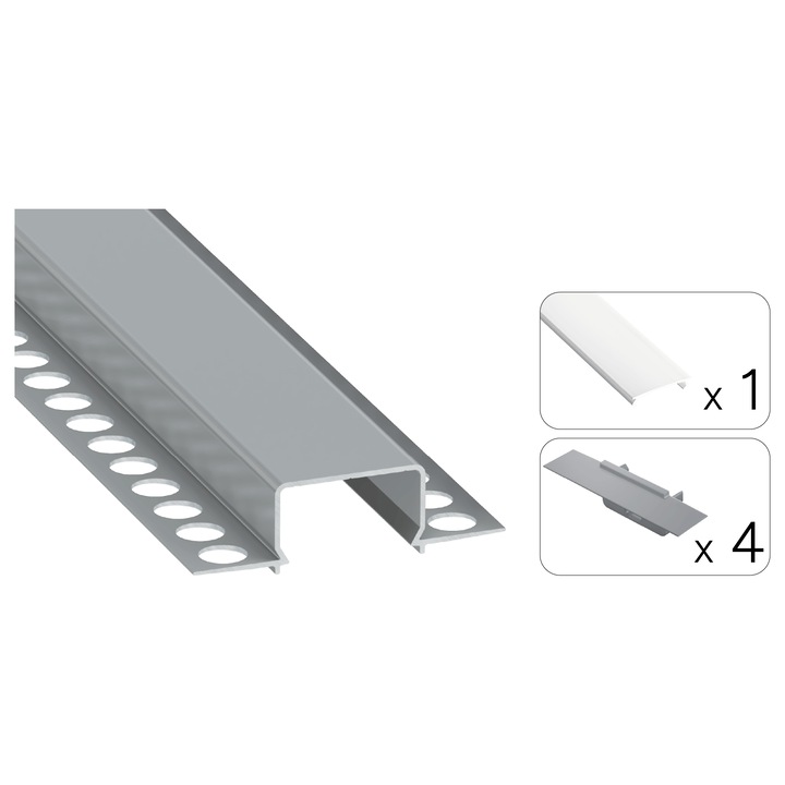 Set: Profil LED Tekkni Horst, 2, 02 m, dispersor opal, 4 capace terminale, argintiu