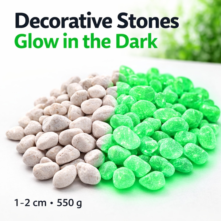 Pietre Decorative Fosforescente Glow in the Dark ANTBRO® pentru Gradina, Alei si Ghivece, Pietre Luminoase Decor Exterior, 1-2 cm, 550 g