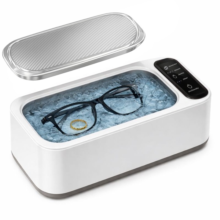 Aparat de Curatare cu Ultrasunete Profesional, Rimenss, Dezinfectare si Sterilizare UV, 4 Moduri de Curatare, 50kHz, Rezervor Inox 350ml, pentru Bijuterii, Ochelari, Ceasuri, Proteze Dentare, Cercei, Monede, Accesorii Cosmetice, Alb
