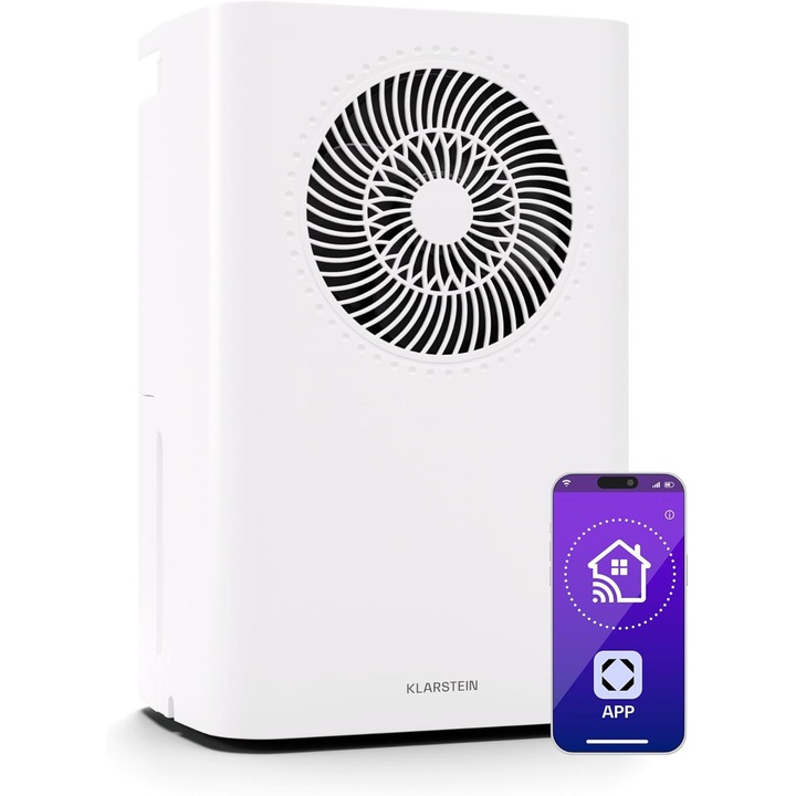 Klarstein CircleDry 16L Dezumidificator Smart cu WiFi, 2L Tank, Control Aplicatie, Timer 24h, Silentios 38 dB, pentru Locuinte si Birouri pana la 32 m², Alb
