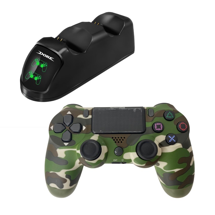 Set Statia Incarcare Duala si Controller Wireless PS4, camuflaj verde, HAPPY JOKER®