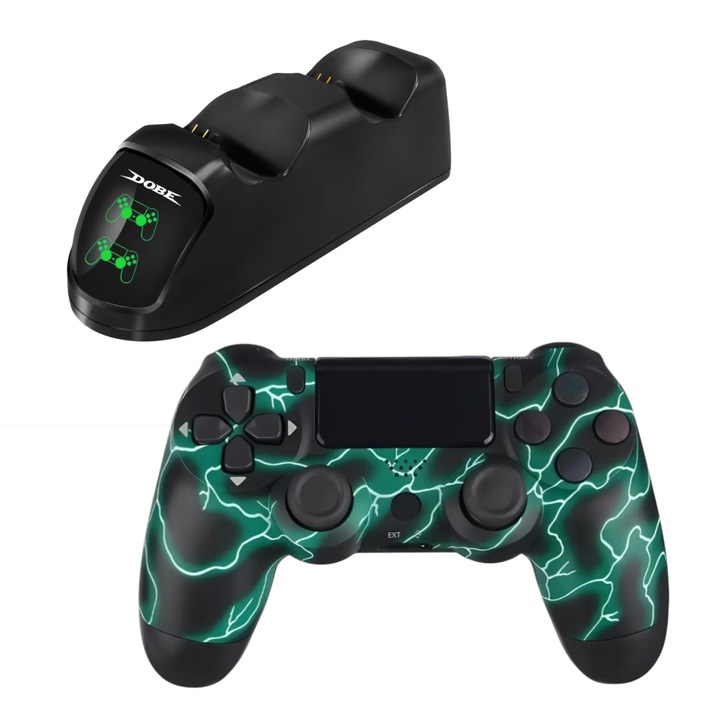Set Statia Incarcare Duala si Controller Wireless PS4, verde electric, HAPPY JOKER®