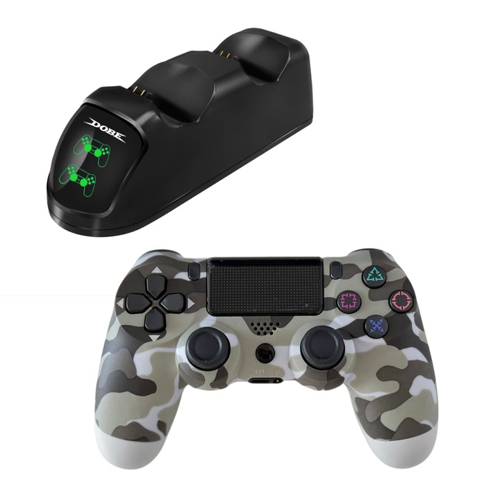 Set Statia Incarcare Duala si Controller Wireless PS4, gri army, HAPPY JOKER®